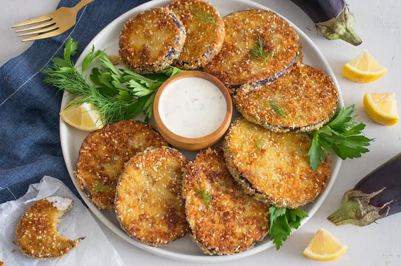 Olive Oil Crispy Eggplant with Garlic Tzatziki 