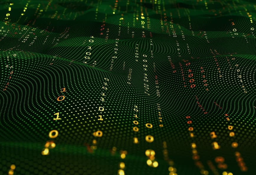 Abstract representation of green binary code with flowing patterns and numbers in a digital landscape. - Olive Oil Times