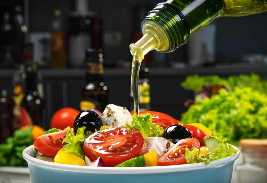 Olive oil being poured over a fresh salad with tomatoes, lettuce, and olives in a bowl. - Olive Oil Times