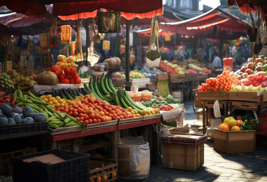 Mercado al aire libre con diversas frutas y verduras en exhibición bajo sombrillas rojas, con colores vibrantes y luz solar creando un ambiente animado.