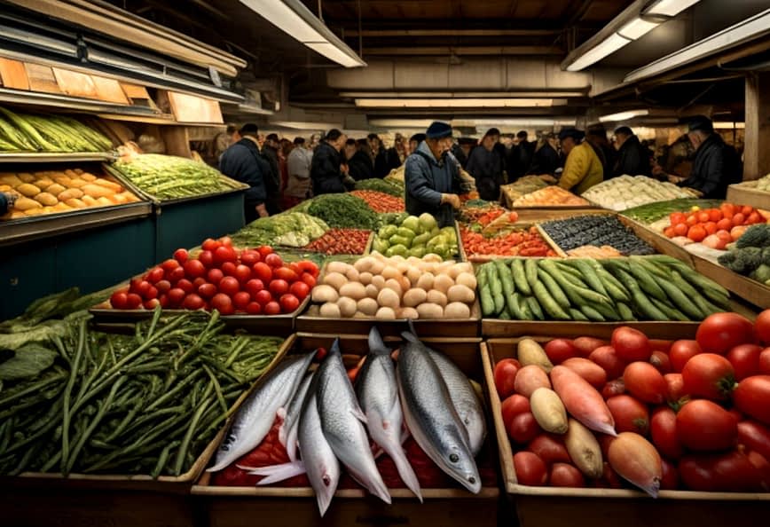 A market scene featuring various fresh vegetables, fruits, and fish arranged in wooden crates. - Olive Oil Times