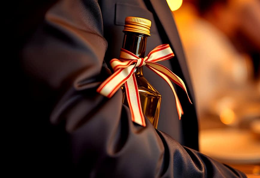 A bottle of olive oil tied with a ribbon held by a person in a suit. - Olive Oil Times