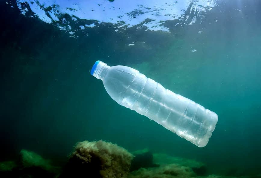 Clear plastic water bottle floating underwater with sunlight filtering through the surface. - Olive Oil Times