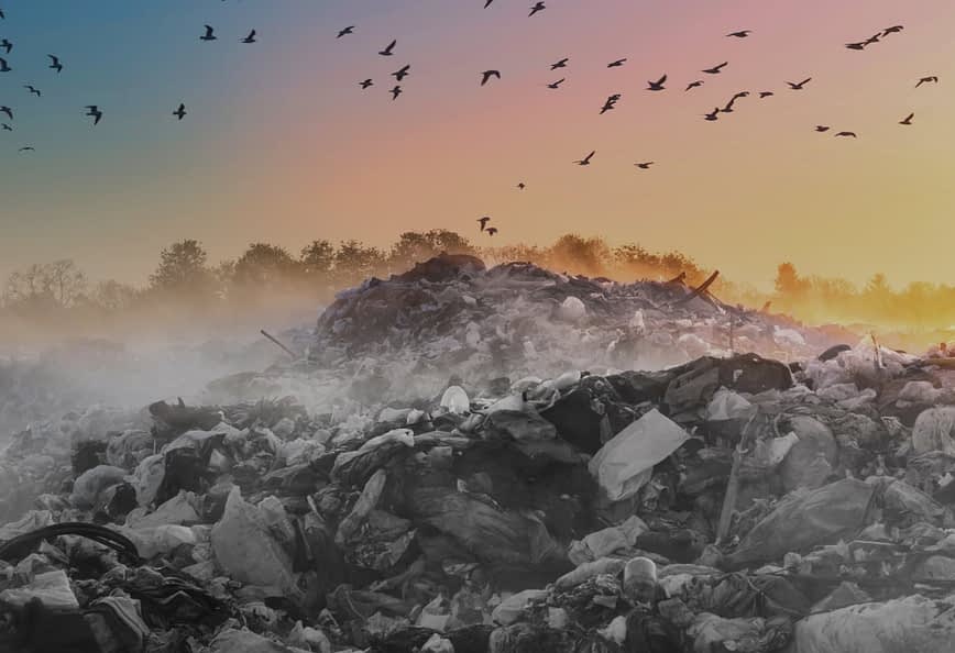 Una discarica con un grande cumulo di rifiuti e uccelli che volano nel cielo al tramonto. - Olive Oil Times