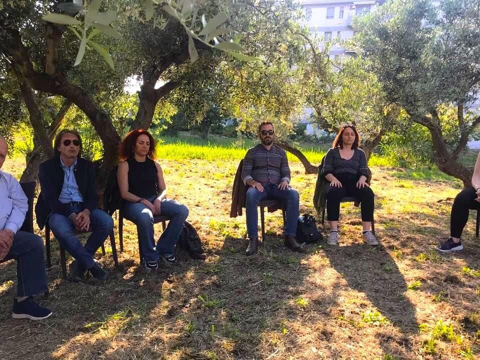 Un groupe d'individus assis dans une oliveraie participant à une séance de méditation. - Olive Oil Times