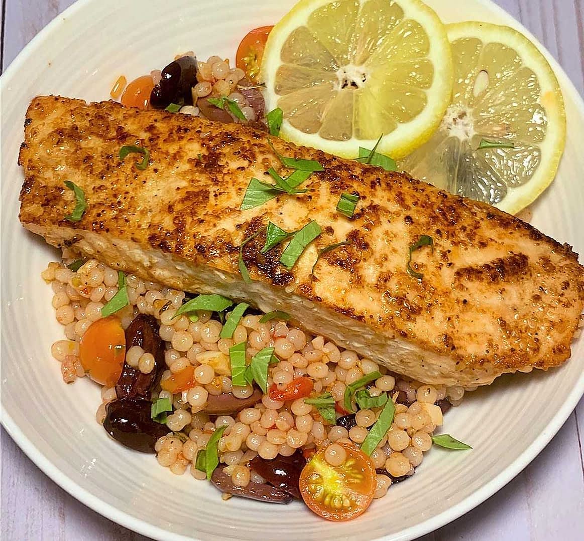 Salmon Couscous with Olives, Tomatoes