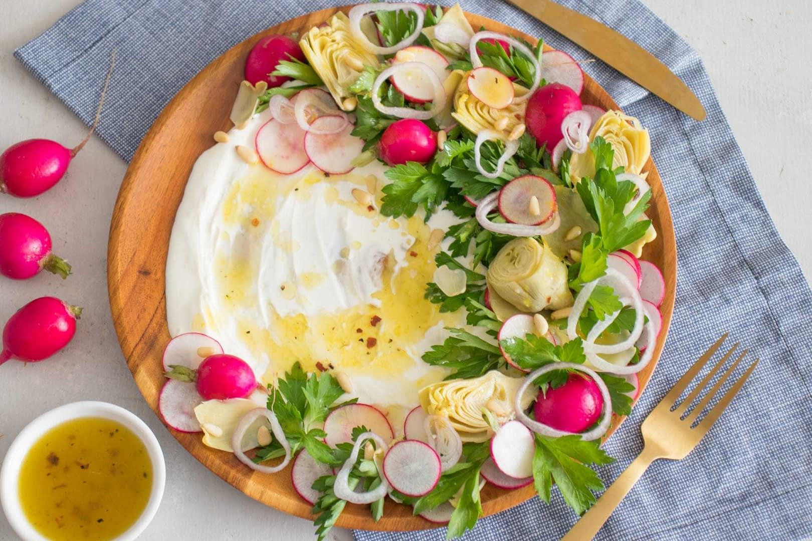 Artichoke & Radish Salad with Savory Olive Oil Mascarpone Cheese