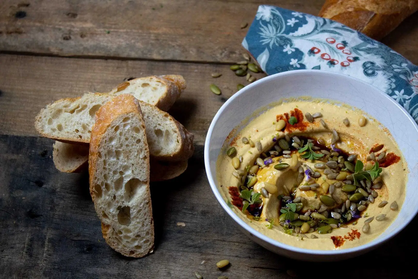 Pumpkin Hummus with Pomegranate Molasses and Sunflower Seeds