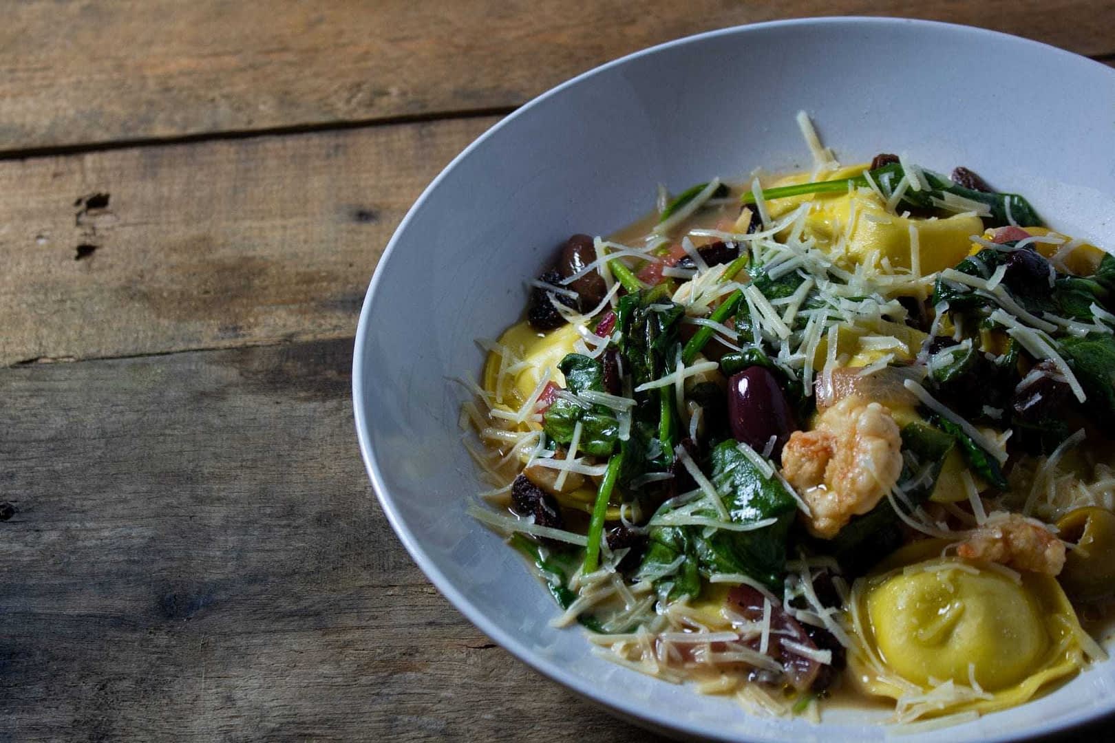 Ravioli with Gulf Shrimp, Spinach, Olives and Raisins