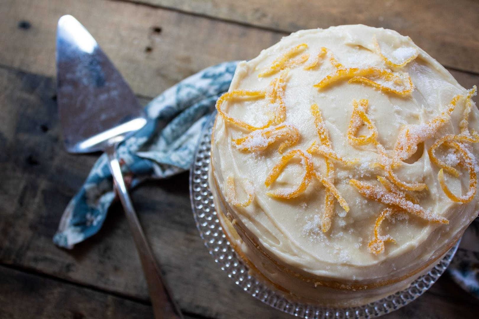 Lemon Olive Oil Cake with Mascarpone Buttercream and Candied Orange Zest