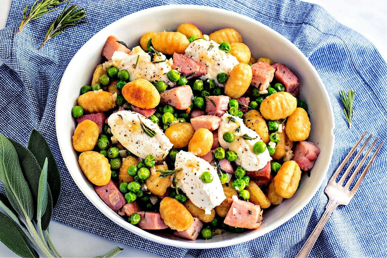 Crispy Gnocchi with Peas, Ham and Ricotta