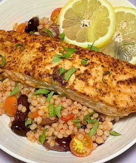 Salmon Couscous with Olives, Tomatoes