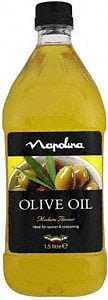Bottle of Napolina olive oil with a black label and yellow liquid inside. - Olive Oil Times