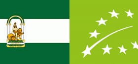 Flag of Andalusia alongside the European Union organic certification logo. - Olive Oil Times