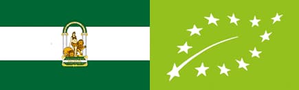 Flag of Andalusia alongside the European Union organic certification logo. - Olive Oil Times