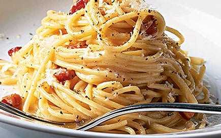 A serving of spaghetti topped with bacon pieces and grated cheese on a white plate. - Olive Oil Times