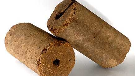 Two cylindrical olive oil briquettes with a textured surface and a hole in the center. - Olive Oil Times