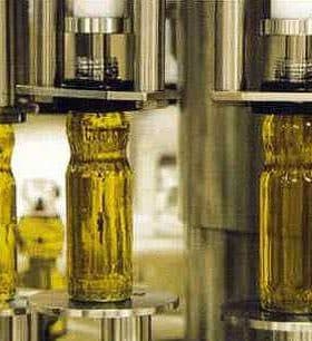 Three glass bottles filled with olive oil being processed on a bottling line. - Olive Oil Times