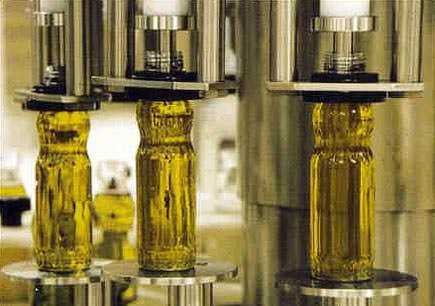 Three glass bottles filled with olive oil being processed on a bottling line. - Olive Oil Times