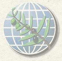 Emblem featuring an olive branch and globe design with green leaves and dark olives. - Olive Oil Times