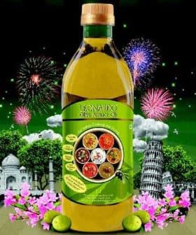 Bottle of Leonardo Olive Pomace Oil with a green label and various food images on it. - Olive Oil Times