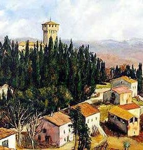 Aerial view of Castello del Trebbio surrounded by trees and buildings in a hilly landscape. - Olive Oil Times