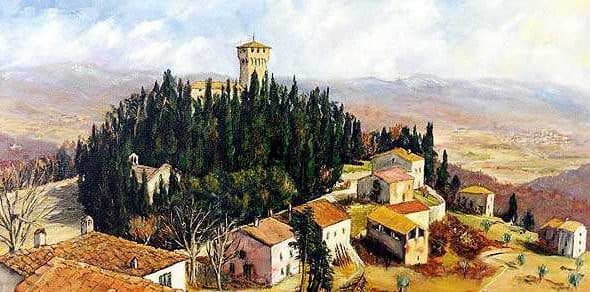 Aerial view of Castello del Trebbio surrounded by trees and buildings in a hilly landscape. - Olive Oil Times