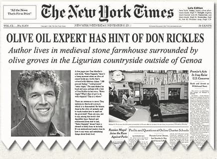 Front page of The New York Times featuring an article about an olive oil expert and a photo of the expert. - Olive Oil Times