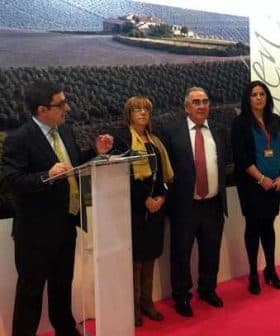 Four individuals standing at a podium during a presentation at an event, with a backdrop of olive fields. - Olive Oil Times