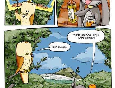 Cartoon of two rabbits discussing fruit, olive oil, and natural juices in a comic strip format. - Olive Oil Times