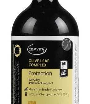 Black bottle of Comvita Olive Leaf Complex with a label indicating protection and antioxidant support. - Olive Oil Times