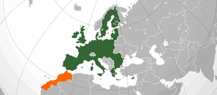 Map of Europe with Morocco highlighted in orange and the rest of Europe in green. - Olive Oil Times