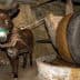 A donkey harnessed to a traditional olive oil mill with a large stone wheel. - Olive Oil Times