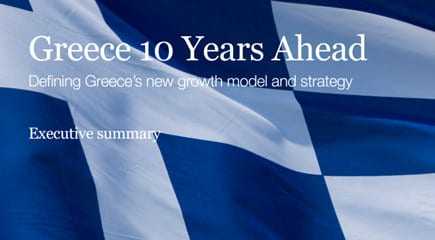 Flag of Greece with text 'Greece 10 Years Ahead' and subtitle about growth model and strategy. - Olive Oil Times