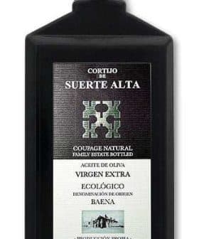 Black bottle of Cortijo De Suerte Alta extra virgin olive oil with a label and a dark background. - Olive Oil Times