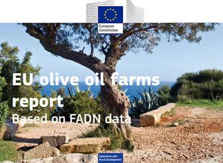 Cover of the EU olive oil farms report featuring an olive tree and text about FADN data. - Olive Oil Times