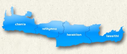 Map of Crete displaying the four main regions: Chania, Rethymno, Heraklion, and Lassithi. - Olive Oil Times