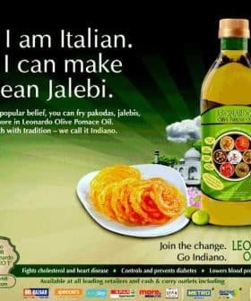 Advertisement for Leonardo Pomace Olive Oil featuring a bottle and jalebi dessert. - Olive Oil Times