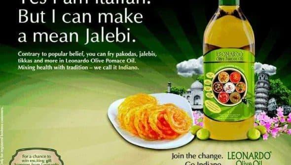 Advertisement for Leonardo Pomace Olive Oil featuring a bottle and jalebi dessert. - Olive Oil Times