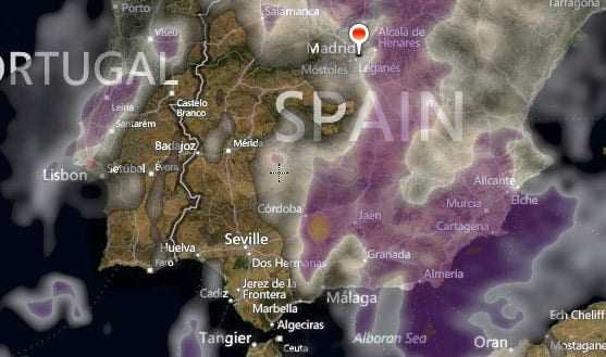 Weather map showing various regions of Spain with cloud coverage and precipitation indicators. - Olive Oil Times