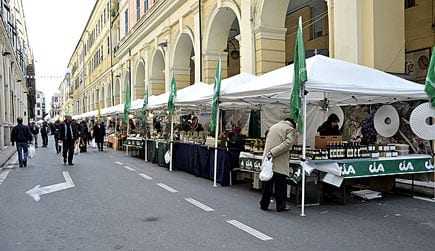 Outdoor market featuring stalls with canopies and various products displayed for sale. - Olive Oil Times