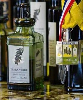 Various bottles of olive oil displayed with medals and awards attached to them. - Olive Oil Times
