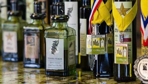 Various bottles of olive oil displayed with medals and awards attached to them. - Olive Oil Times