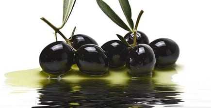 A cluster of black olives resting in olive oil with a reflective surface. - Olive Oil Times
