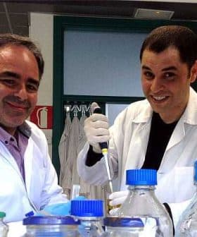 Two male scientists wearing lab coats and gloves working with laboratory equipment and bottles. - Olive Oil Times