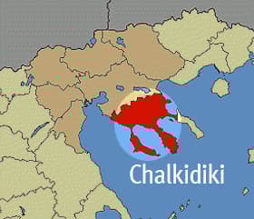 Map highlighting the Chalkidiki region in northern Greece with surrounding areas in neutral colors. - Olive Oil Times