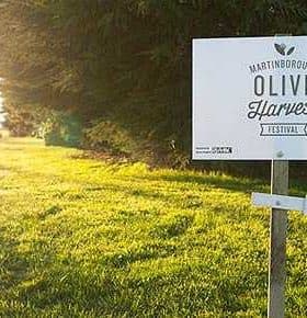 Sign for the Martinborough Olive Harvest Festival with an arrow pointing right. - Olive Oil Times