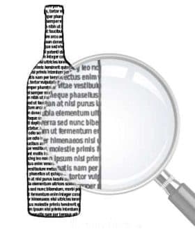 Silhouette of a wine bottle filled with text and a magnifying glass beside it. - Olive Oil Times