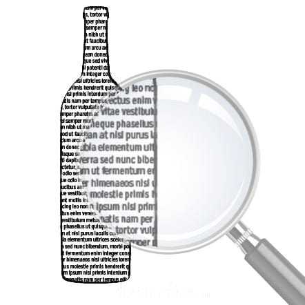 Silhouette of a wine bottle filled with text and a magnifying glass beside it. - Olive Oil Times