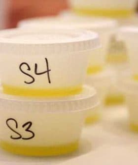 Small plastic containers labeled S3 and S4 filled with olive oil samples. - Olive Oil Times